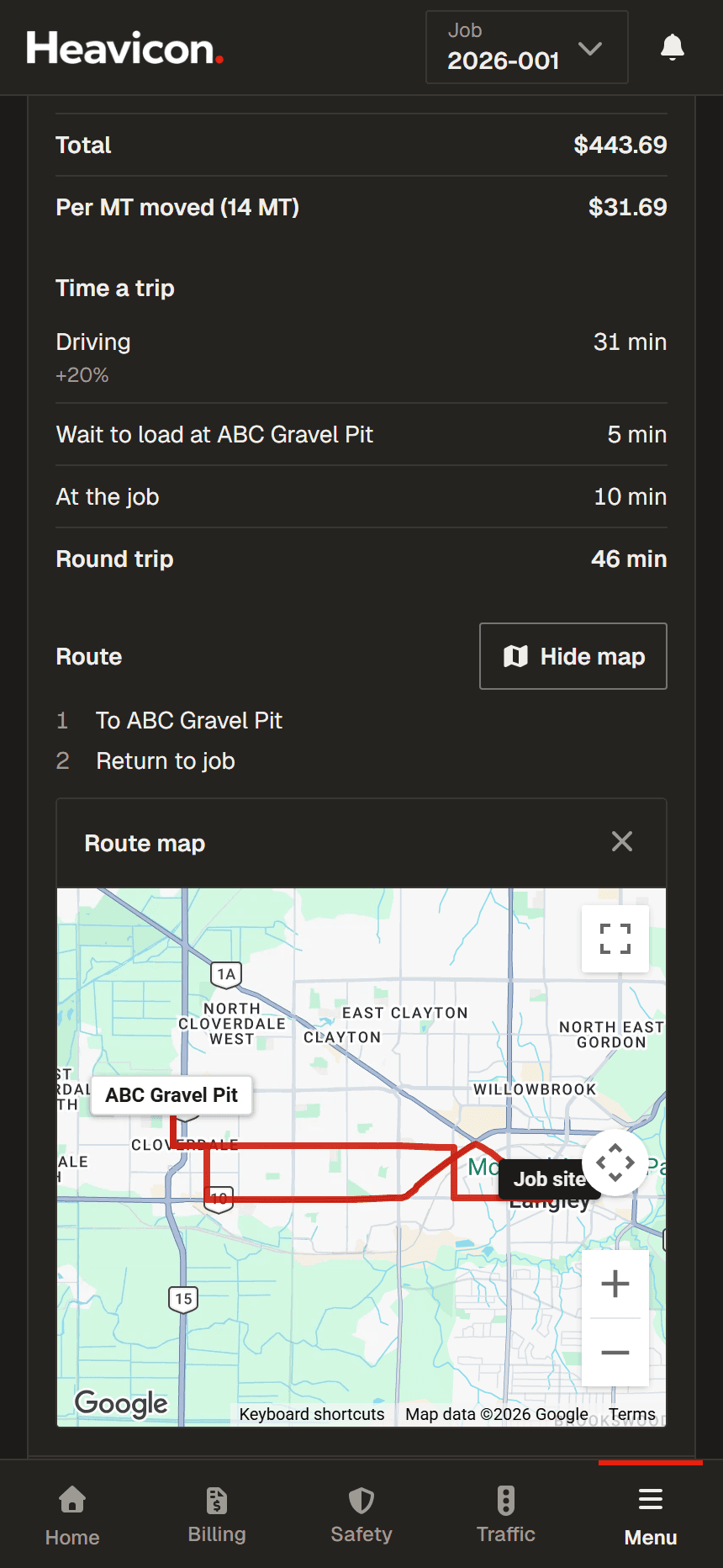 Heavicon route detail on a phone, showing cost per tonne, round trip time and the drive from a gravel pit to the job